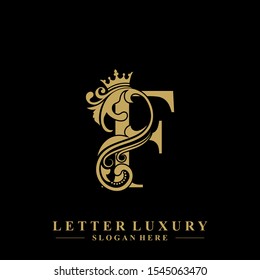 Initial letter F luxury beauty flourishes ornament with crown logo template.