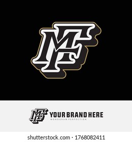 Initial letter F, M, FM or MF overlapping, interlock, monogram logo, white, black and gold color on black background