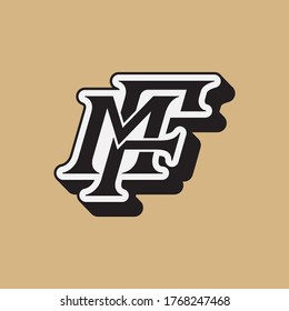 Initial letter F, M, FM or MF overlapping, interlock, monogram logo, black and white color on cream background