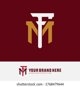 Initial letter F, M, FM or MF overlapping, interlock, monogram logo, white and gold color on red background