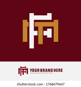 Initial letter F, M, FM or MF overlapping, interlock, monogram logo, white and gold color on red background