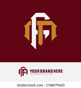 Initial letter F, M, FM or MF overlapping, interlock, monogram logo, white and gold color on red background