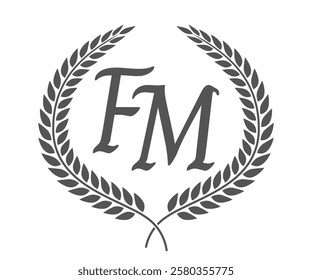 Initial letter F and M, FM monogram logo design with laurel wreath. Luxury calligraphy font.