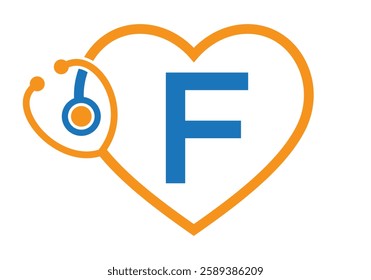 Initial Letter F Medical Logo Concept With Heart and Stethoscope Symbol For Healthcare and Medical Sign