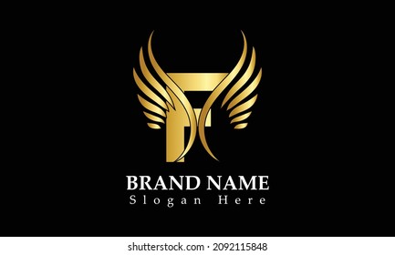 Initial letter F minimalist art monogram shape logo, gold color on black background
