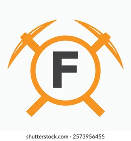 Initial Letter F Mining Logo Combine With Pickaxe Symbol Vector Template