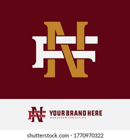 Initial letter F, N, FN or NF overlapping, interlock, monogram logo, white and gold color on red background