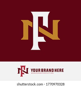 Initial letter F, N, FN or NF overlapping, interlock, monogram logo, white and gold color on red background