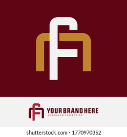 Initial letter F, N, FN or NF overlapping, interlock, monogram logo, white and gold color on red background