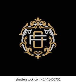 Initial letter F and O, FO, OF, decorative ornament emblem badge, overlapping monogram logo, elegant luxury silver gold color on black background