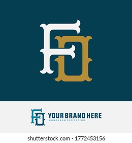 Initial letter F, O, FO or OF overlapping, interlock, monogram logo, white and gold color on blue tosca background