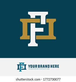 Anfangsbuchstaben F, O, FO oder OF überlappend, Verriegelung, Monogramm-Logo, Weiß- und Goldfarbe auf blauem Hintergrund