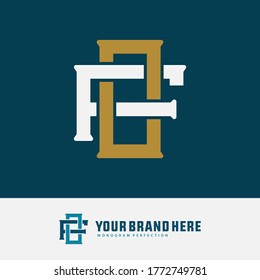 Letra inicial F, O, FO o DE superposición, enclavamiento, logotipo monograma, color blanco y dorado sobre fondo tosca azul