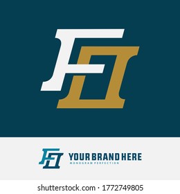 Initial letter F, O, FO or OF overlapping, interlock, monogram logo, white and gold color on blue tosca background
