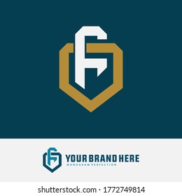 Anfangsbuchstaben F, O, FO oder OF überlappend, Verriegelung, Monogramm-Logo, Weiß- und Goldfarbe auf blauem Hintergrund