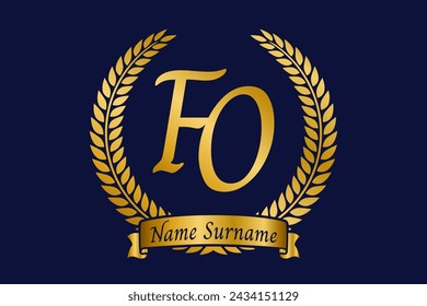 Anfangsbuchstabe F und O, FO-Monogramm-Logo-Design mit Lorbeerkranz. Luxus goldenes Emblem mit Kalligraphie Schriftart.