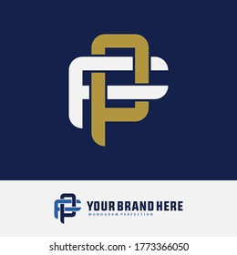 Initial letter F, P, FP or PF overlapping, interlock, monogram logo, white and gold color on blue background