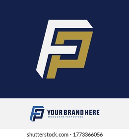 Initial letter F, P, FP or PF overlapping, interlock, monogram logo, white and gold color on blue background