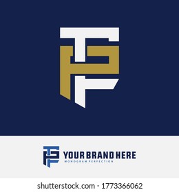Anfangsbuchstaben F, P, FP oder PF, überlappend, Verriegelung, Monogramm-Logo, weiß-goldene Farbe auf blauem Hintergrund
