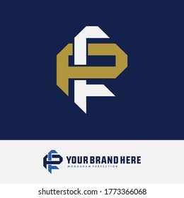 Initial letter F, P, FP or PF overlapping, interlock, monogram logo, white and gold color on blue background