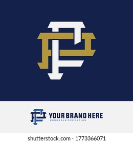 Initial letter F, P, FP or PF overlapping, interlock, monogram logo, white and gold color on blue background