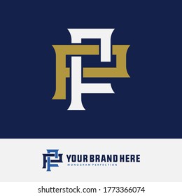 Letra inicial F, P, FP o PF superpuesta, enclavada, logotipo monograma, color blanco y dorado sobre fondo azul