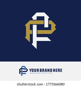 Letra inicial F, P, FP o PF superpuesta, enclavada, logotipo monograma, color blanco y dorado sobre fondo azul