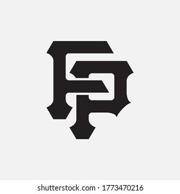 Letra inicial F, P, FP o PF superpuesta, enclavado, logotipo monograma, color negro sobre fondo blanco