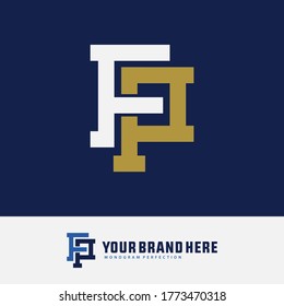 Initial letter F, P, FP or PF overlapping, interlock, monogram logo, white and gold color on blue background