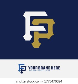 Initial letter F, P, FP or PF overlapping, interlock, monogram logo, white and gold color on blue background
