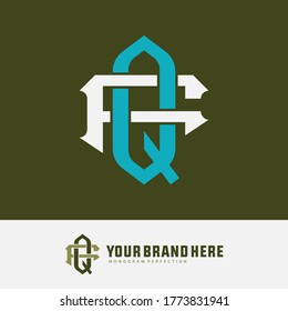 Initial letter F, Q, FQ or QF overlapping, interlock, monogram logo, white and blue color on green background