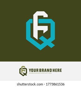 Initial letter F, Q, FQ or QF overlapping, interlock, monogram logo, white and blue color on green background