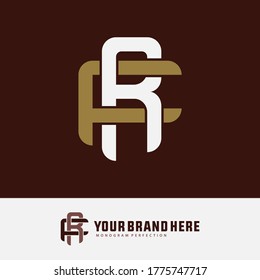 Initial letter F, R, FR or RF overlapping, interlock, monogram logo, white and gold color on brown background