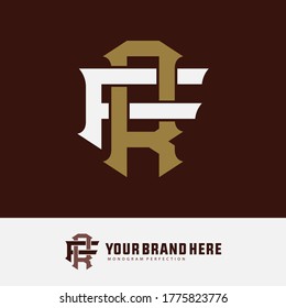 Initial letter F, R, FR or RF overlapping, interlock, monogram logo, white and gold color on brown background