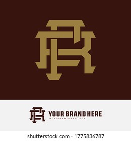 Initial letter F, R, FR or RF overlapping, interlock, monogram logo, gold color on brown background