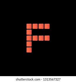 Initial Letter F with red metallic texture, trendy, 3d glossy, metal texture, rectangle shape, pixel style based alphabet logo for company identity, isolated on black background.