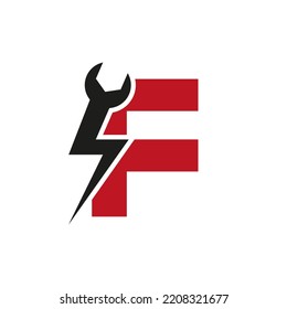 Initial Letter F Repair Wrench And Volt Power Logo Design For Repair, Electrical Sign Vector Template