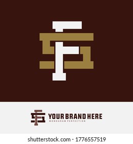 Initial letter F, S, FS or SF overlapping, interlock, monogram logo, white and gold color on brown background