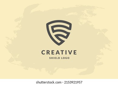 Initial letter f in shape of shield. Handwriting vector logo design illustration image