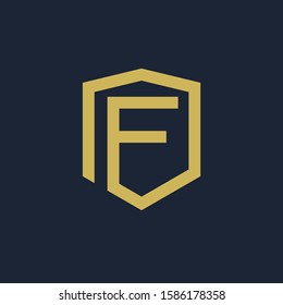 initial Letter F with Shield frame line art element. Shield Line geometry  for Security logo. Logo Icon Template for Web and Business Card, Letter Logo Template on Black Background. - vector