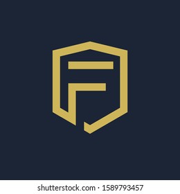 initial Letter F with Shield frame line art element. Shield Line geometry  for Security logo. Logo Icon Template for Web and Business Card, Letter Logo Template on Black Background. - vector