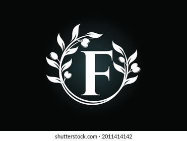 Initial letter F sign symbol with olive branch wreath. Round floral frame made by the olive branch. Agriculture industry logo design vector template. Olive oil label