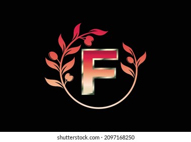 Initial letter F sign symbol with olive branch wreath, Round floral frame made by the olive branch