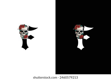 Initial Letter F Skull Logo Design. Minimal silhouette skull logo vector with letter F logo design illustration.