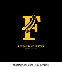 Letra inicial F con cuchara y tenedor para el concepto de restaurante. logotipo de la letra F, apto para empresas y negocios culinarios.