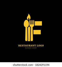 Letra inicial F con cuchara y tenedor para el concepto de restaurante. logotipo de la letra F, apto para empresas y negocios culinarios.