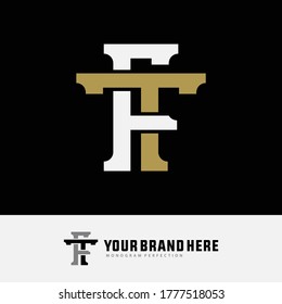 Initial letter F, T, FT or TF overlapping, interlock, monogram logo, white and gold color on black background