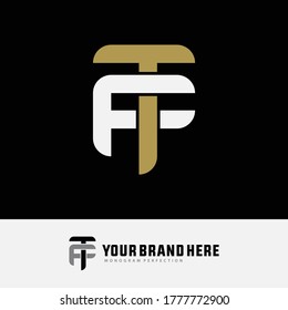 Initial letter F, T, FT or TF overlapping, interlock, monogram logo, white and gold color on black background