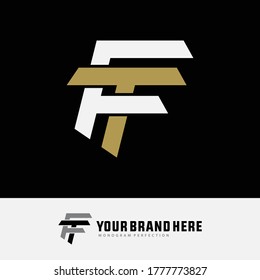 Initial letter F, T, FT or TF overlapping, interlock, monogram logo, white and gold color on black background