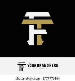 Letra inicial F, T, FT o TF solapadas, entrelazadas, logotipo de monograma, color blanco y dorado sobre fondo negro